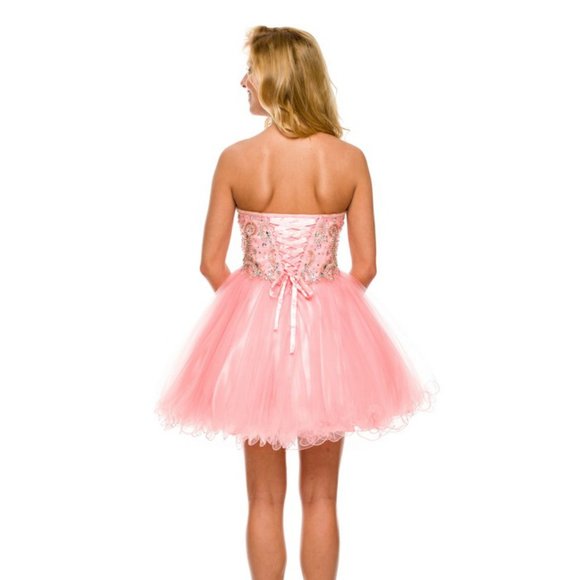 NEW OFF SHOULDER STRAPLESS BABY DOLL DRESS EMBROIDERED WITH RHINESTONES JT 751 - Picture 4 of 9